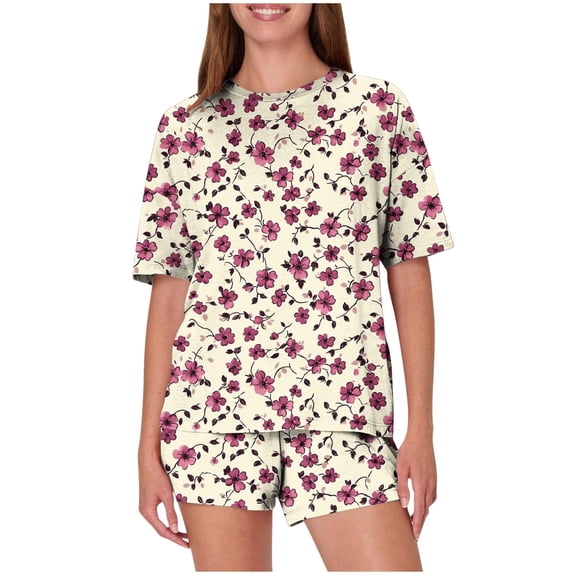Hrsba Womens 2 Piece Set,Loose Print Crew Neck Short Sleeve Top with Shorts Summer Casual Pajama Outfits