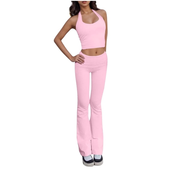 Hrsba Solid Color Back 2 Piece Set for Women Sleeveless Top and Stretchy Long Pants Summer Outfits