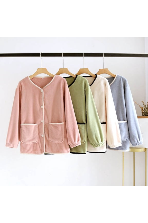 Womens Basic Button Bed Jacket Solid Color Side Pockets Thick Long Sleeve Pajama Tops