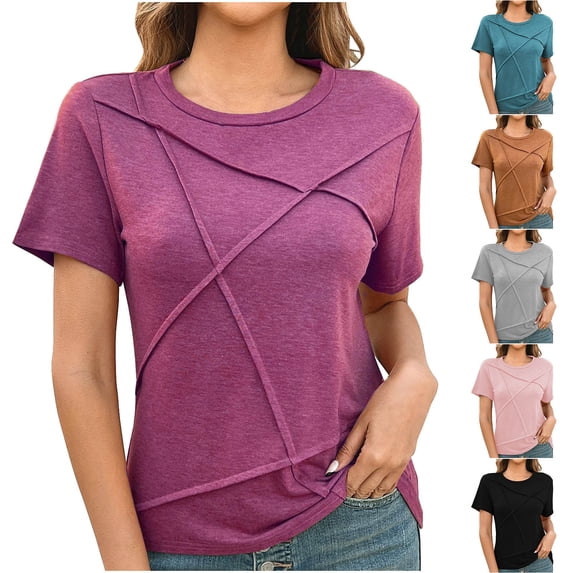 Hrsba Womens Basic Tee Shirts Casual Short Sleeve Shirts Solid Color Crew Neck Loose Summer Daily Fashion Ladies Soft Breathable Wear