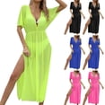 thumbnail image 1 of Hrsba Womens Beach Cover Up Solid Color Sheer Mesh Long Length Deep V Neck Beach Vacation Sun Protection Cover Up, 1 of 7