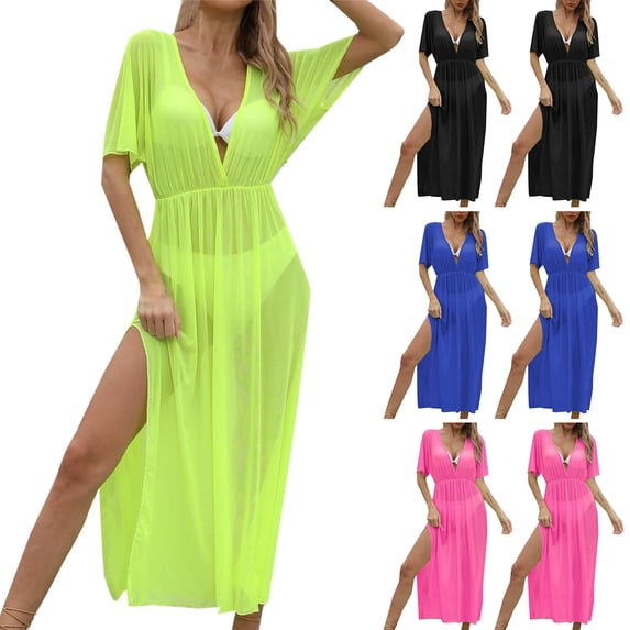 Hrsba Womens Beach Cover Up Solid Color Sheer Mesh Long Length Deep V Neck Beach Vacation Sun Protection Cover Up