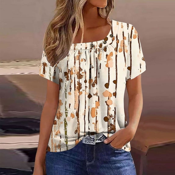Hrsba Womens Blouses Casual,Classic Floral Print Neck Blouse Ruffle Short Sleeve Shirt Summer Tops for Women