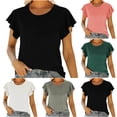 thumbnail image 1 of Hrsba Womens Blouses Elegant Floral Print Solid Color Crew Neck Ruffle Short Sleeve T Shirts Ladies Summer Tops, 1 of 3