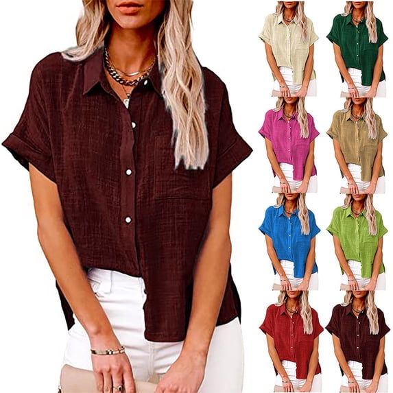 Hrsba Womens Blouses Summer Solid Color Button Down Collared Shirt with Pocket Short Sleeve Casual Ladies Tops