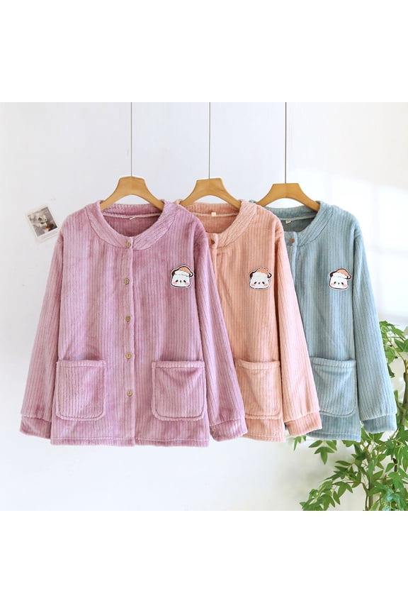 Womens Button Bed Jacket Fleece Lined Thick Long Sleeve Lounge Tops
