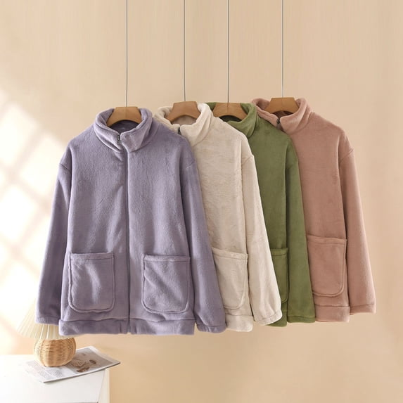 Hrsba Womens Button Bed Jacket Solid Color Fleece Lined Thick Long Sleeve Lounge Tops