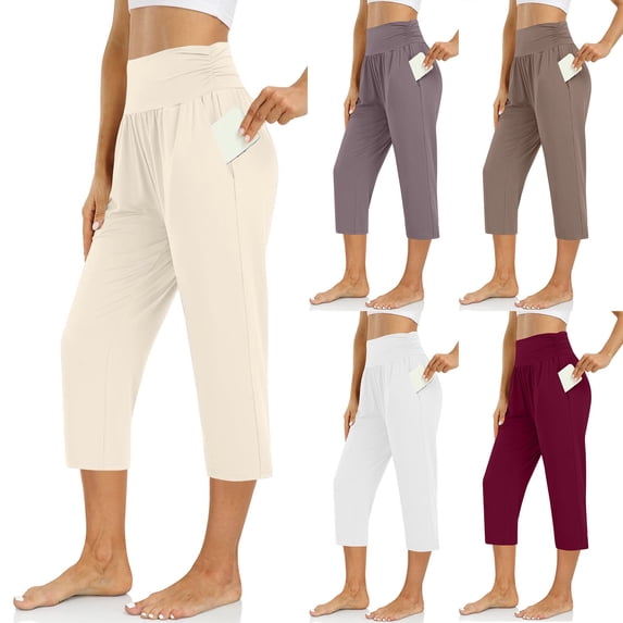 Hrsba Womens Capris Pants,Solid Color Summer Ruched Elastic Waist Side Pockets Loose Loungewear Long Capris