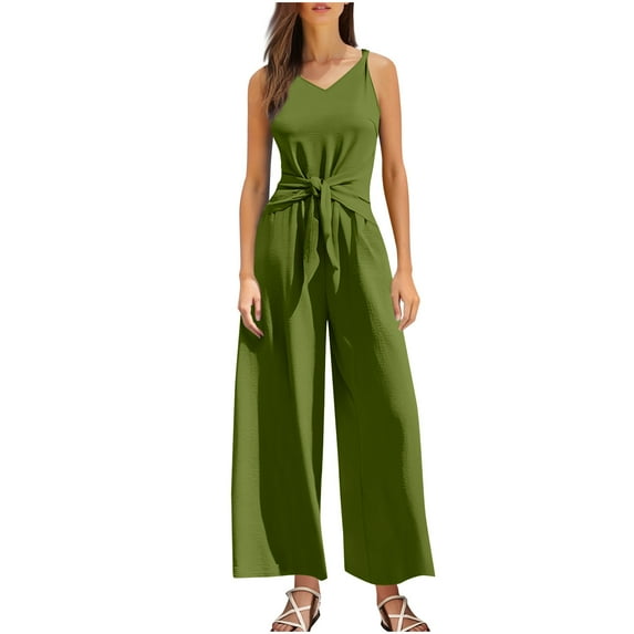 Hrsba Womens Casual Jumpsuit,Womens Wide Leg Pants Solid Color Sleeveless Jumpsuit With V Neck Front Elastic Waist Casual Full Length Outfit,Size M