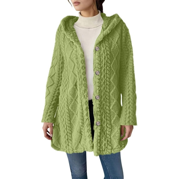 Hrsba Jackets for Women Trendy, Coats for Women Fall Winter Solid Color Hooded Button Cardigan Long Sleeve Fleece Outerwear