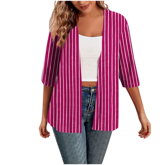 Hrsba Jackets for Women Trendy, Ladies Lightweight Jackets Solid Color Striped 3/4 Sleeve Cardigan Loose Casual Outerwear