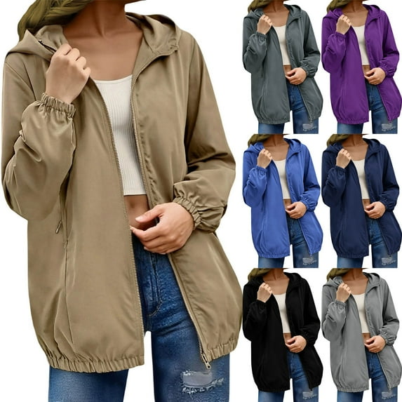 Hrsba Womens Casual Long Sleeve Sweatshirt Solid Color Long Sleeved Hooded Waterproof Lightweight Jacket Portable Raincoat Outerwear for Fall Winter