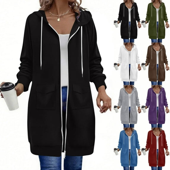 Hrsba Womens Casual Long Sleeve Sweatshirt Solid Color Loose Long Hooded Sweatshirts Coat with Pockets Zipper Top for Winter