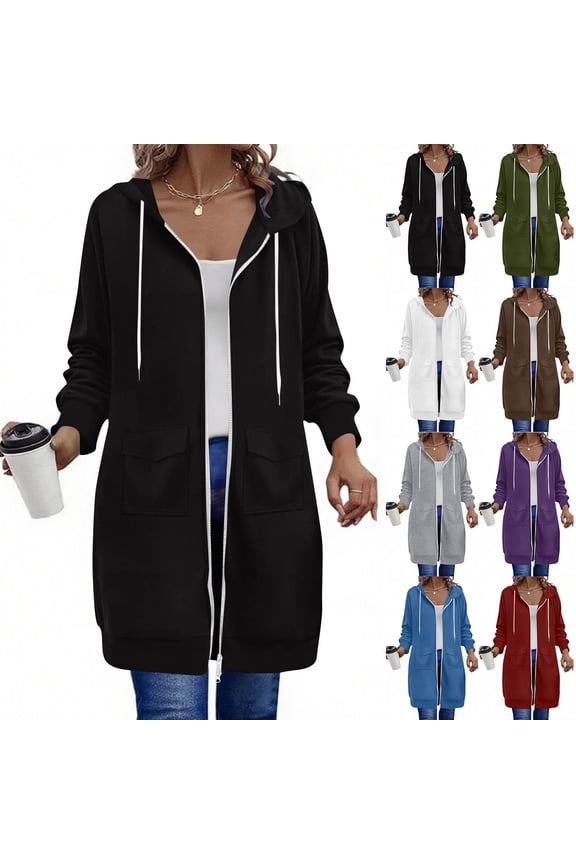 Womens Casual Long Sleeve Sweatshirt Solid Color Loose Long Hooded Sweatshirts Coat with Pockets Zipper Top for Winter