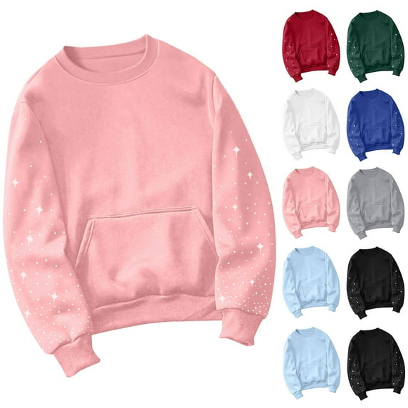 Hrsba Womens Casual Long Sleeve Sweatshirt Womens Pocket Shirt Solid Color Loose Long Sleeve Pullover Hoodie with Rhinestone Sleeves and Pockets for Winter Fall