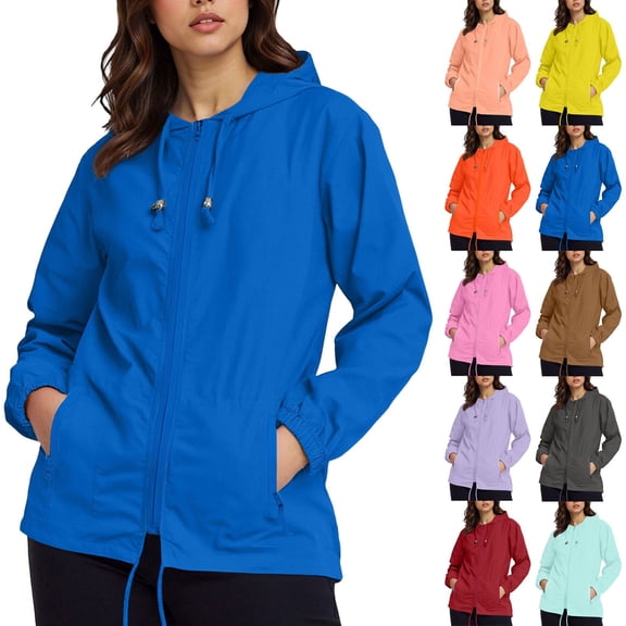 Hrsba Womens Casual Long Sleeve Sweatshirt Womens Pocket Shirt Waterproof Lightweight Zip Up Hooded Rain Jacket with Pocket and Storage Bag for Fall Winter
