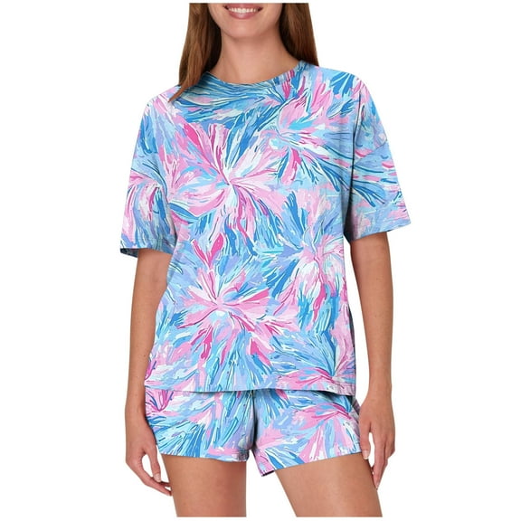 Hrsba Womens Casual Outfits,Loose Print Crew Neck Short Sleeve Top with Shorts 2 Piece Summer Pajama Set