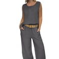 thumbnail image 1 of Hrsba Solid Color Linen Like 2 Piece Set for Women Crew Neck Sleeveless Top and Wide Leg Pants with Zipper Summer Outfits, 1 of 5