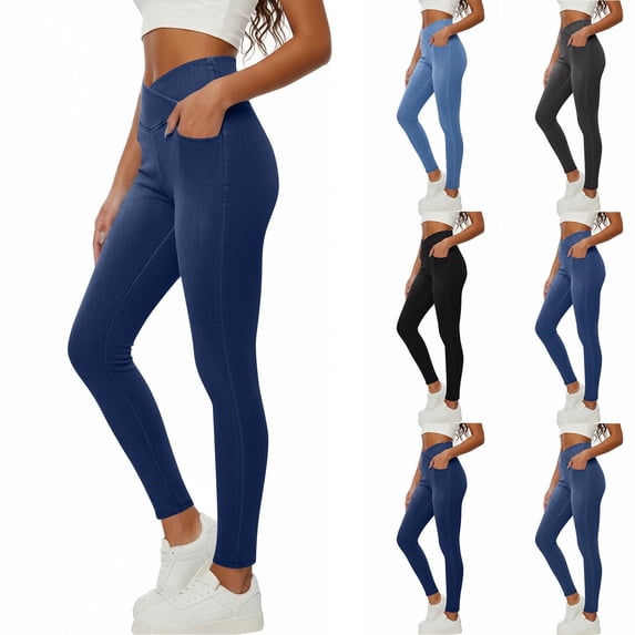 Hrsba Womens Casual Pants Solid Color Elastic Waist Slim Cut Denim Look Summer Long Pants