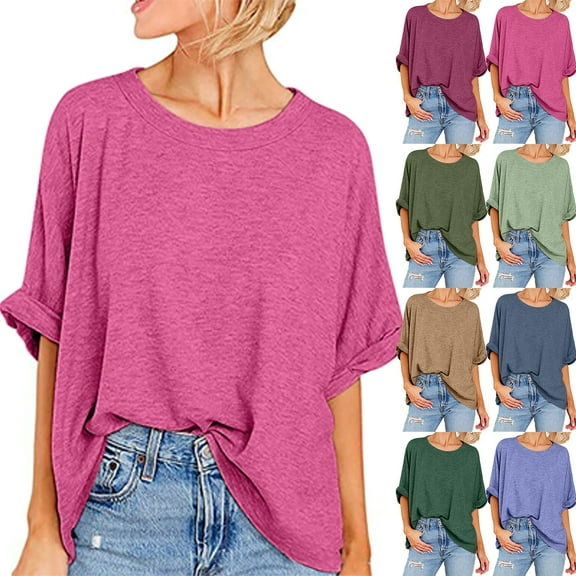Hrsba Womens Casual Tops, Plus Size Summer Casual Loose Short Sleeve Solid Color Tee Daily Wear Ladies Top