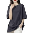 thumbnail image 1 of Hrsba Womens Casual Tops, Solid Color Drop Shoulder Crew Neck Short Sleeve Loose Fashion Summer Ladies Top, 1 of 5