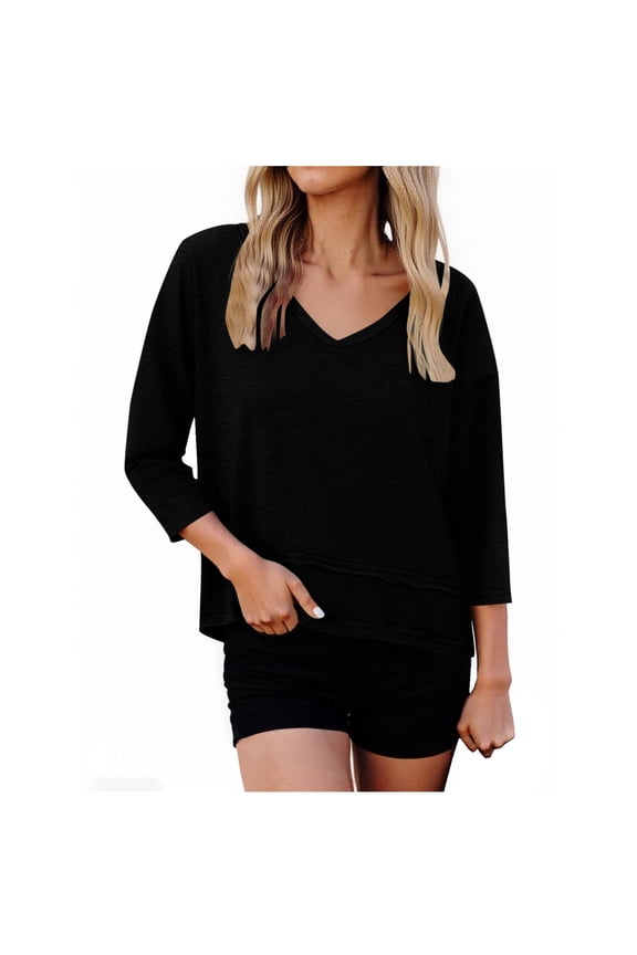 Womens Casual Tops Solid Color V Neck 3 4 Length Sleeve Pullover Tops Soft Lightweight Fashion Dressy Tops For Women