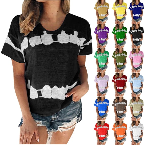 Hrsba Womens Casual Tops Summer Abstract Print Crew Neck Short Sleeve T Shirts Loose Cut Blouses Ladies Daily Wear