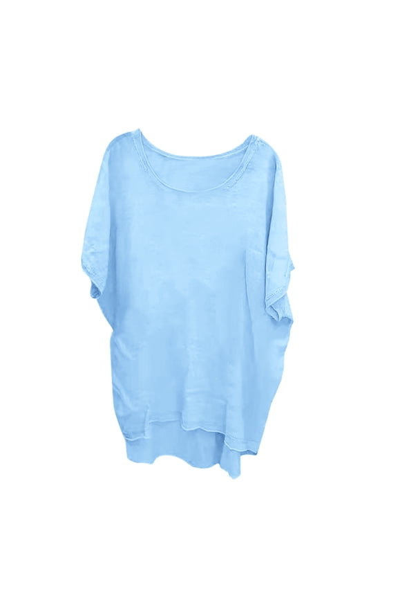 Womens Casual Tops Summer Solid Color Crew Neck Short Sleeve T Shirts Asymmetrical Hem Loose Cut Blouses