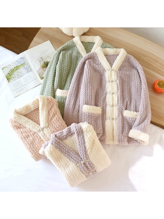 Womens Color Block Bed Jacket Button Side Pockets Thick Warm Long Sleeve Lounge Tops