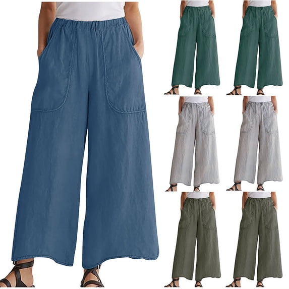 Hrsba Womens Comfortable Pants,Solid Color Elastic Waist Soft Linen Pants with Large Pocket Summer Loose Casual Lightweight Breathable Ladies Trousers,S