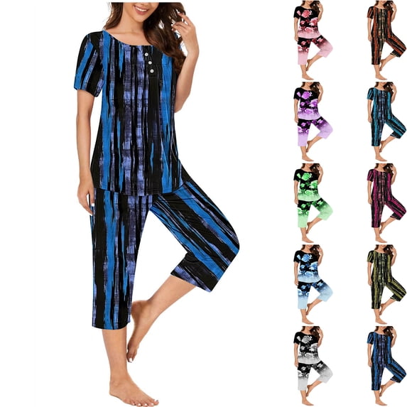 Hrsba Button Down Pajamas for Women Set,Short Sleeve Button Top and Pocket Capri Pants Pajama Sets for Women Soft