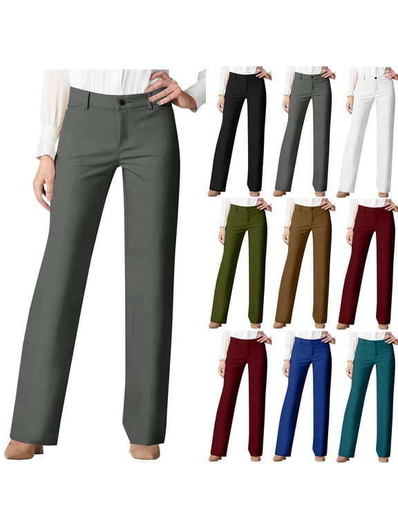 Womens Dress Pants Solid Color Gabardine Button Zip Partial Elastic Waist Side Pockets Straight Leg