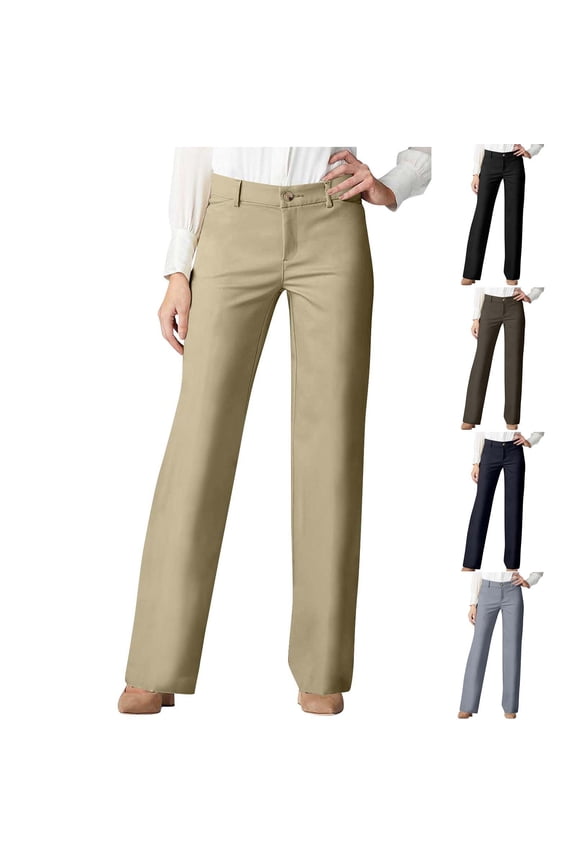 Womens Dress Pants Solid Color Gabardine Button Zip Partial Elastic Waist Side Pockets Straight Leg