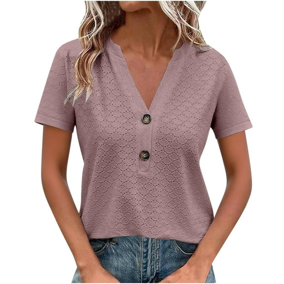 Hrsba Womens Fall Winter Casual Top,Blouses for Women V Neck Short Sleeve Solid Color Shirt with Buttons Court Casual Fall Sports Outfits