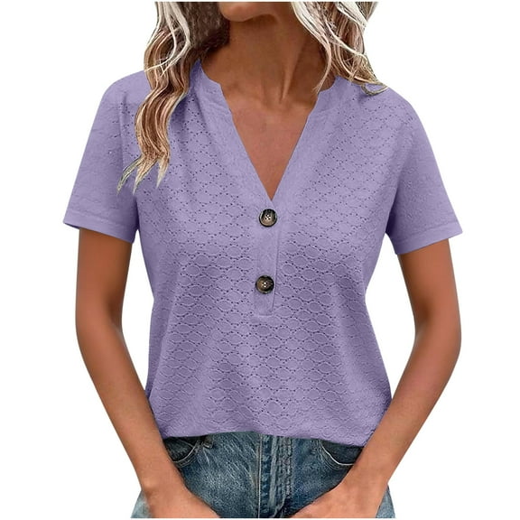 Hrsba Womens Fall Winter Casual Top,Blouses for Women V Neck Short Sleeve Solid Color Shirt with Buttons Court Casual Fall Sports Outfits