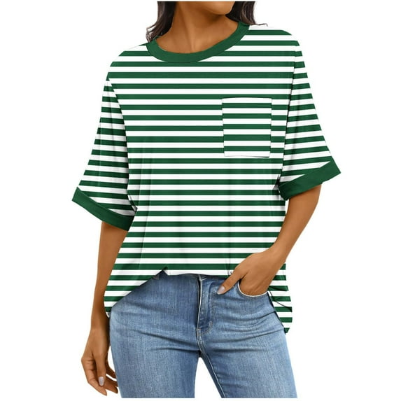 Hrsba Womens Fashion Pullover Outfit Trendy Tunic Tops,Casual Blouse Tops for Women Round Neck Short Sleeve Top with Print and Pocket Fall Wear