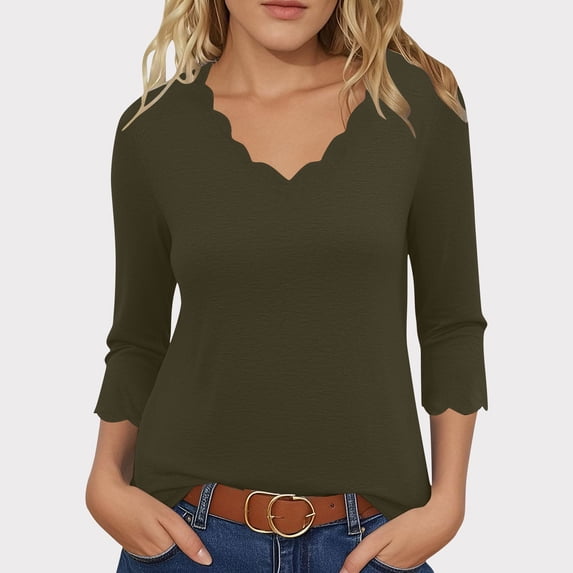 Hrsba Womens Fall Winter Casual Top,Fall Tops for Women Solid Color V Neck 3/4 Sleeve Elegant Pullover Casual Blouse Tops for Ladies