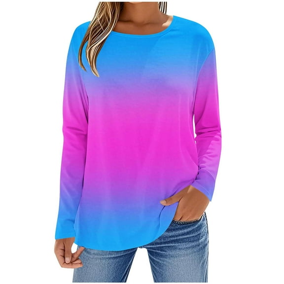 Hrsba Womens Fall Winter Casual Top,Women Casual Tops Ladies Tops Round Neck Long Sleeve Gradient Print T Shirt Tops