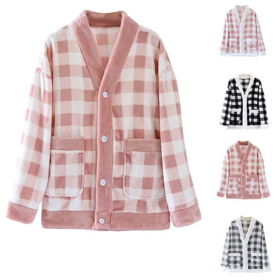 Hrsba Womens Flannel Bed Jacket Plaid Print Thick Open Front Long Sleeve Lounge Tops