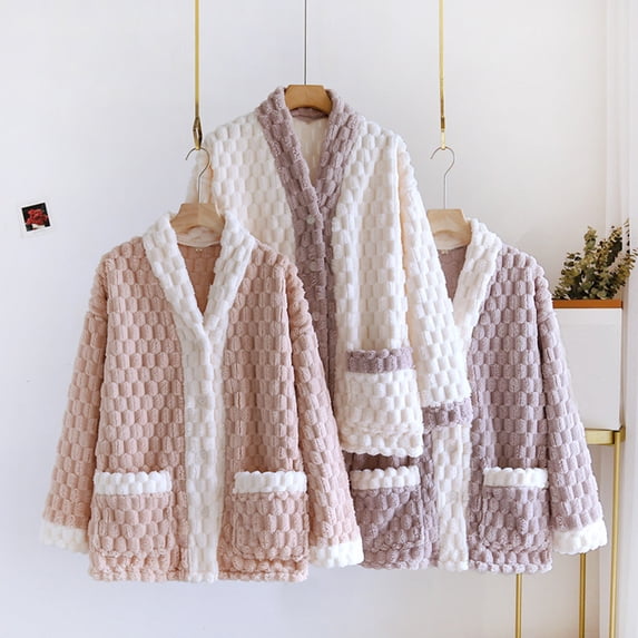 Hrsba Womens Fleece Bed Jacket Loose Fit Thick Warm Open Front Fall Winter Lounge Tops