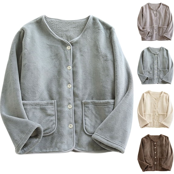 Hrsba Womens Fleece Bed Jacket Solid Color Thick Button Front Warm Long Sleeve Lounge Tops