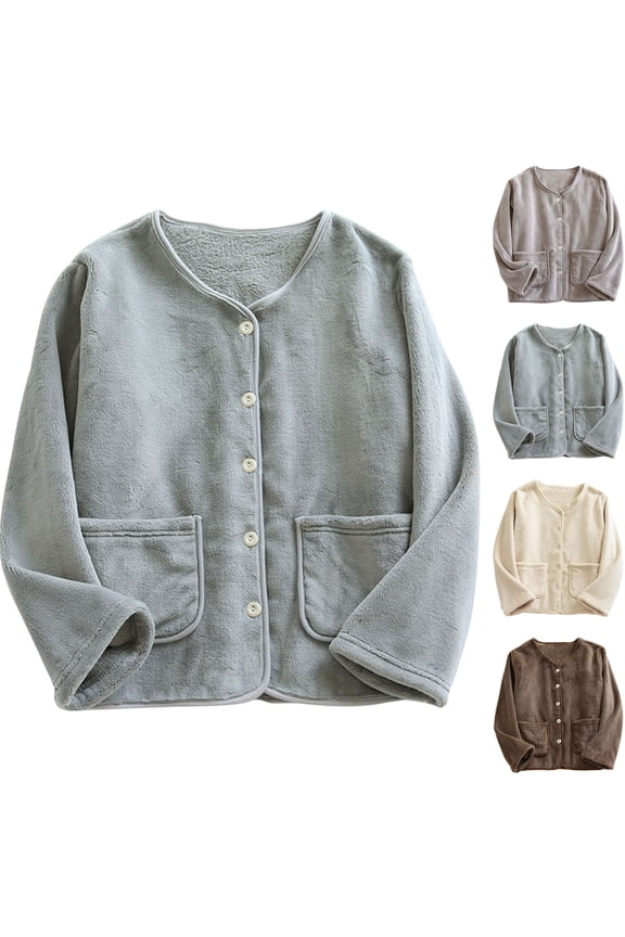 Womens Fleece Bed Jacket Solid Color Thick Button Front Warm Long Sleeve Lounge Tops