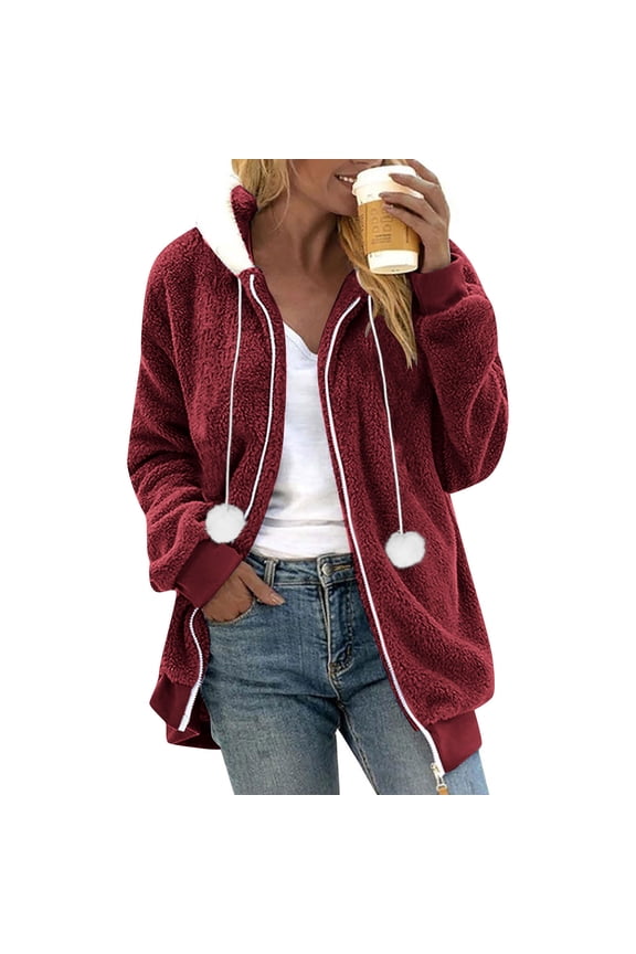 Womens Fleece Hoodies,Winter Solid Color Drawstring Pom Long Sleeve Casual Sweat Jacket