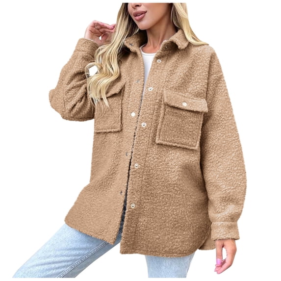 Hrsba Womens Fleece Jackets,Solid Color Collared Lined Long Sleeve No Hood Outerwear Jacket