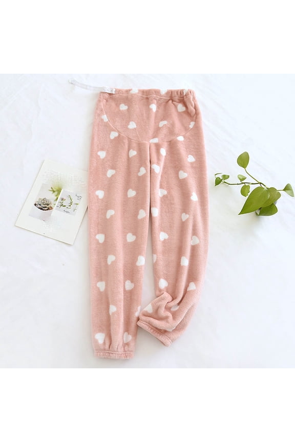 Womens Fleece Pajama Pants,Solid Color Fall Thick Fleece Maternity Long Pants Adjustable Belly Support Casual Loungewear Pajama Pants