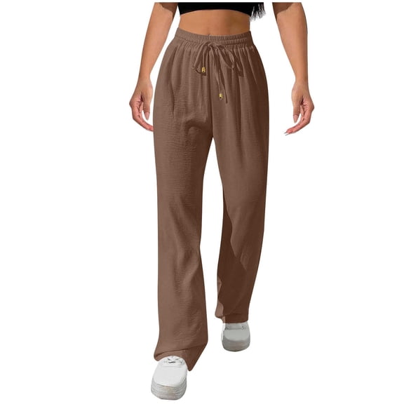 Hrsba Womens Full Length Pants,Travel Pants Women Solid Color Drawstring Elastic Waist Pants with Pockets Lightweight Wrinkle Ice Silk Like Casual Full Length Trousers
