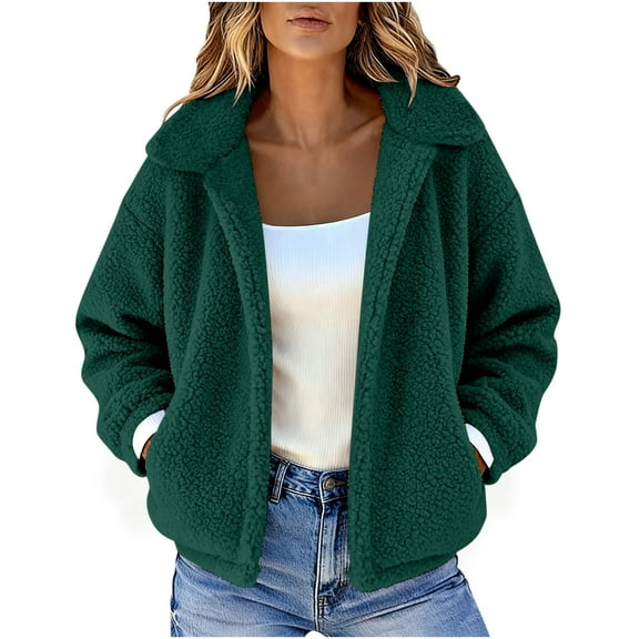 Hrsba Womens Full Zipper Jacket Top, Sweatshirt Coats for Women Solid Color Fall Winter Casual Long Sleeve Collared Double Fleece Jacket with Pockets