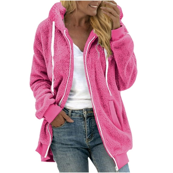Hrsba Womens Hooded Sweatshirts, Sweatshirt Coats for Women Solid Color Long Sleeve Double Fleece Zip Up Hooded Outerwear Fall Winter Tops