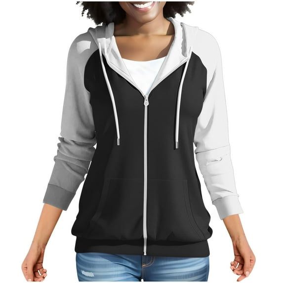 Hrsba Womens Hooded Sweatshirts,Women's Hooded Sweatshirts Long Sleeve Color Block Raglan Sleeve Zip Up Hoodie with Pocket Casual Fall Winter Fashion