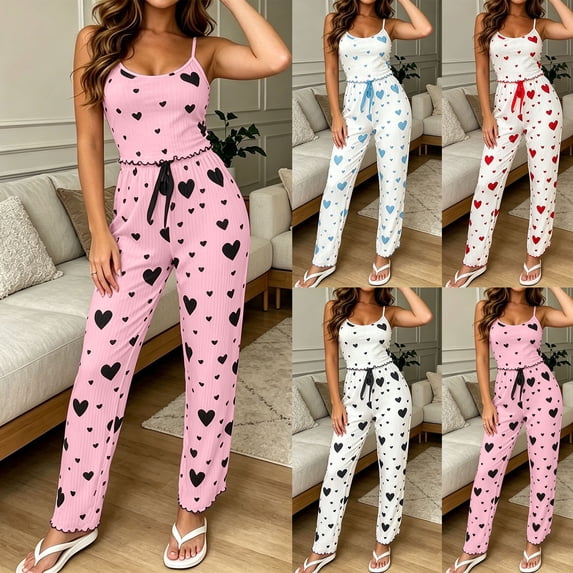 Hrsba Comfy Pajama Sets for Women 2 Piece,Print Ruffled Tank Top and Tie Waist Long Pants Pajama Sets for Women Soft